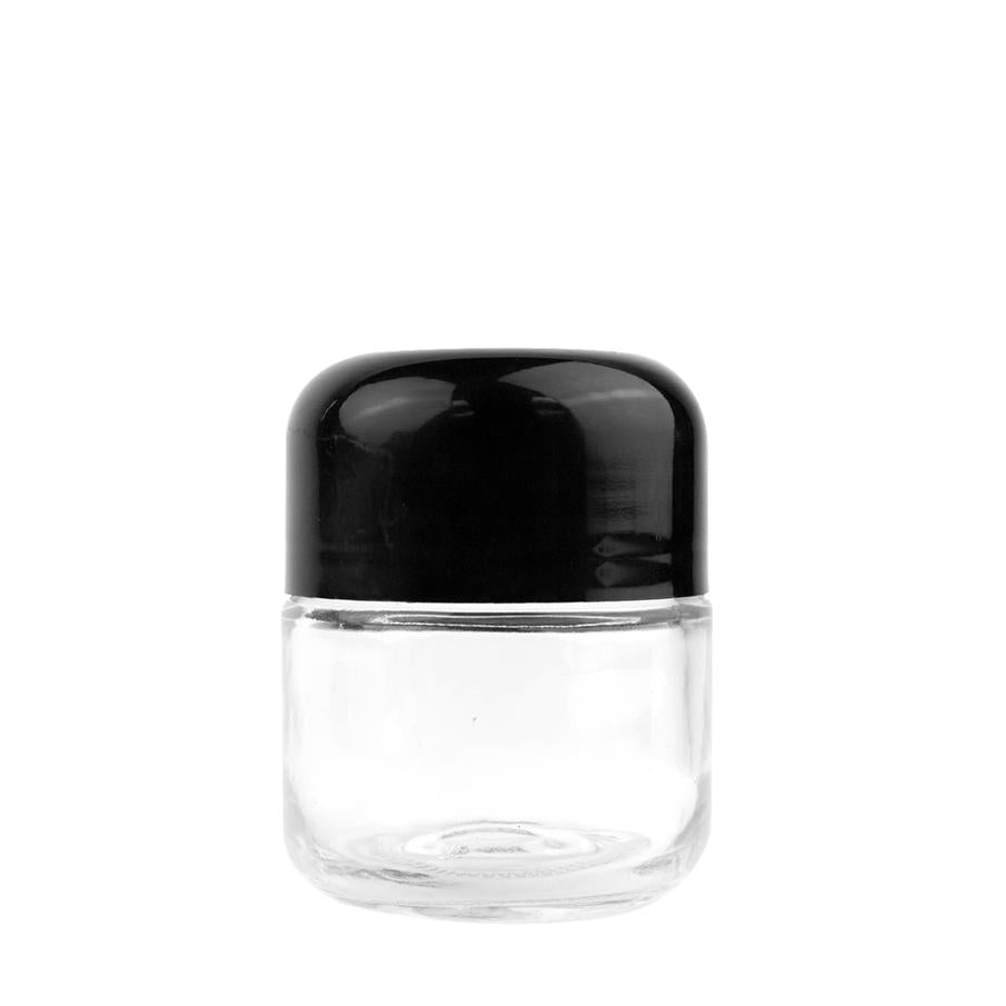 Child Resistant Clear Glass Dome Flint Jar with Black Lid (2oz. and 4oz.)