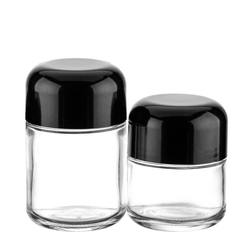 Child Resistant Clear Glass Dome Flint Jar with Black Lid (2oz. and 4oz.)